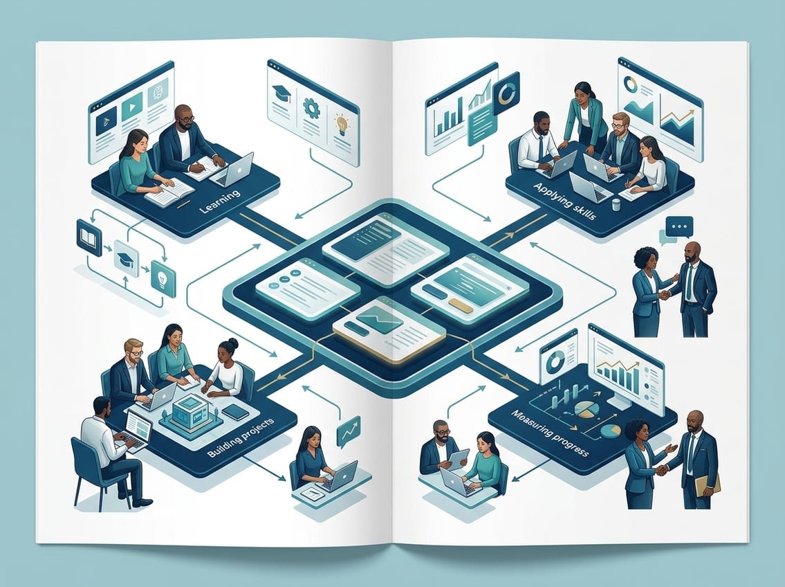 Learners and entrepreneurs use connected digital tools to follow a structured path toward business growth.