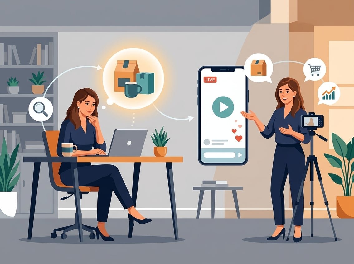 An online creator researches products, records recommendations, and tracks audience engagement and earnings in a home workspace.