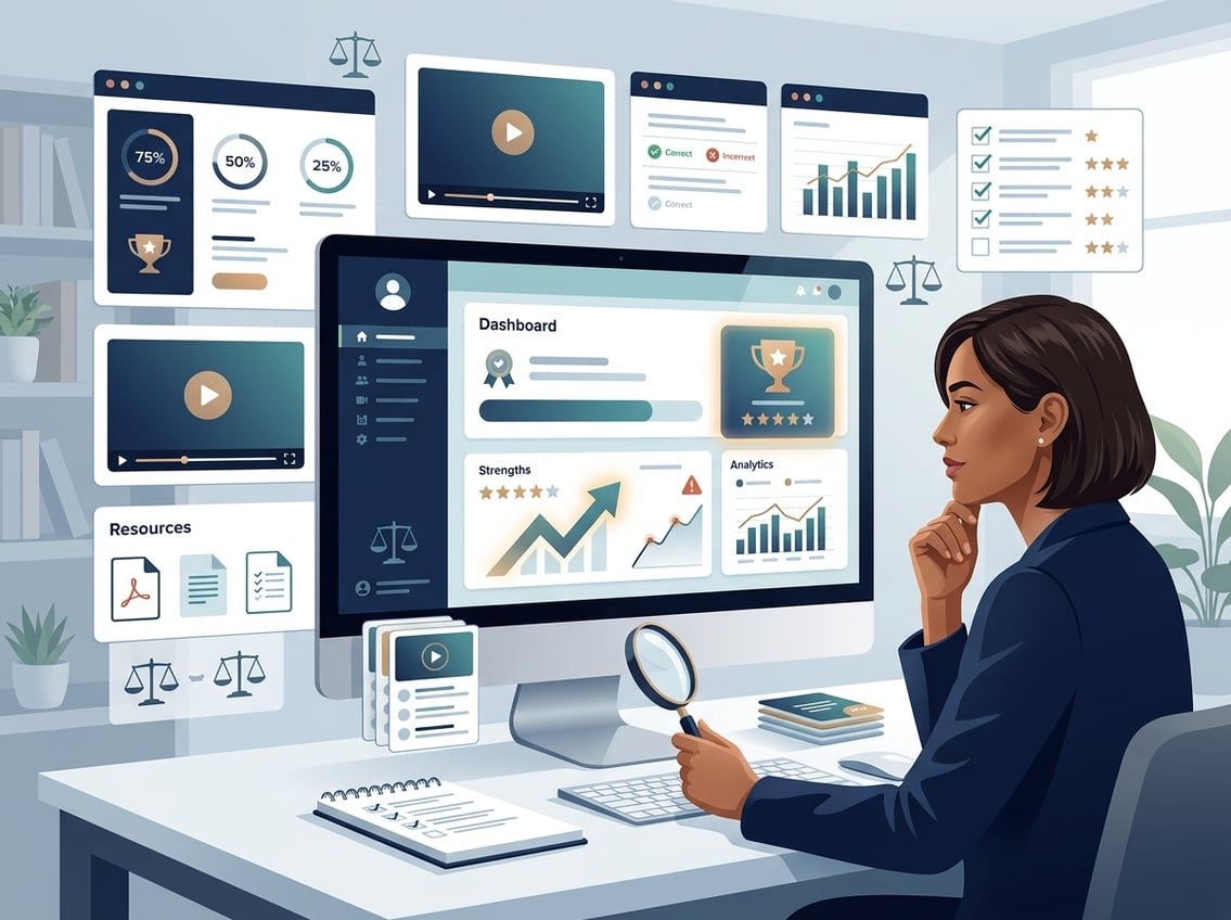 A professional learner reviews an online training platform dashboard surrounded by course materials, progress indicators, and evaluation elements.