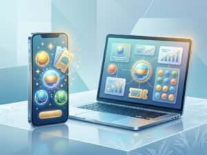 A smartphone and laptop show colorful lottery graphics beside glowing jackpot balls in a cool blue and gold scene.