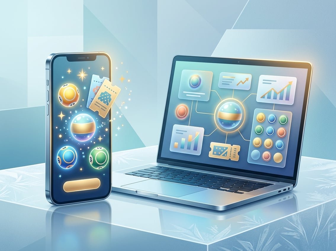 A smartphone and laptop show colorful lottery graphics beside glowing jackpot balls in a cool blue and gold scene.