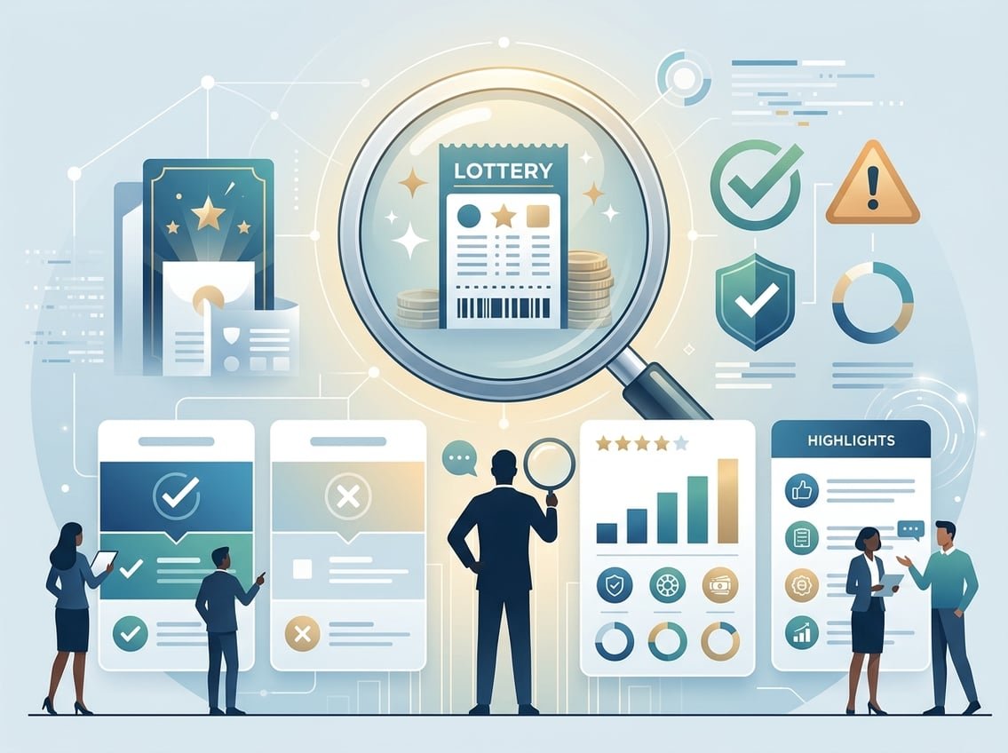 A reviewer examines lottery imagery alongside visual indicators for benefits, cautions, and an overall assessment.