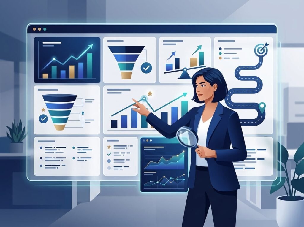 A marketing professional reviews analytics dashboards and campaign performance charts in a modern office.