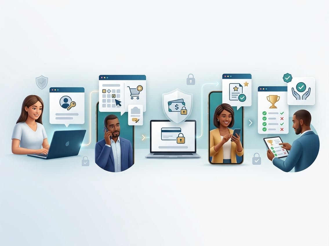 People use a laptop and smartphone to follow a secure online lottery service process from setup to checking results.