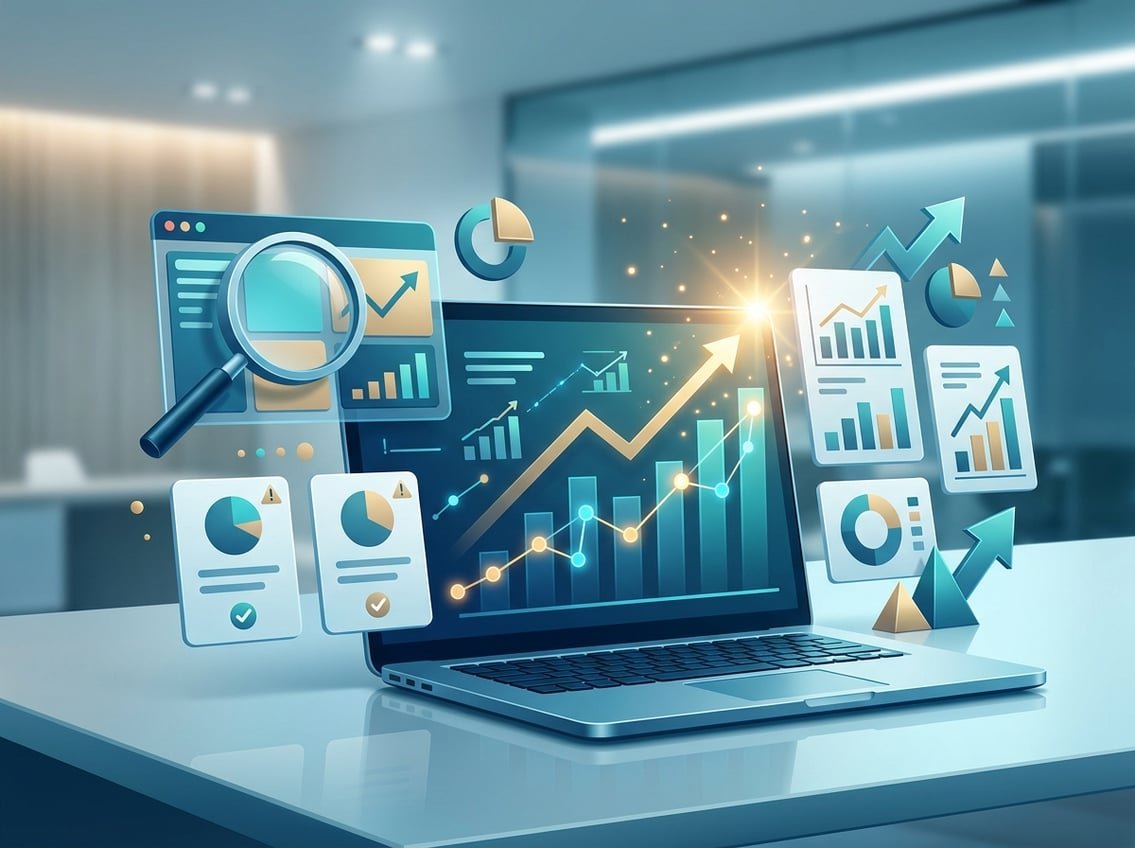 A modern workspace with a laptop showing analytics, connected digital nodes, and a glowing spark symbolizing online business growth.