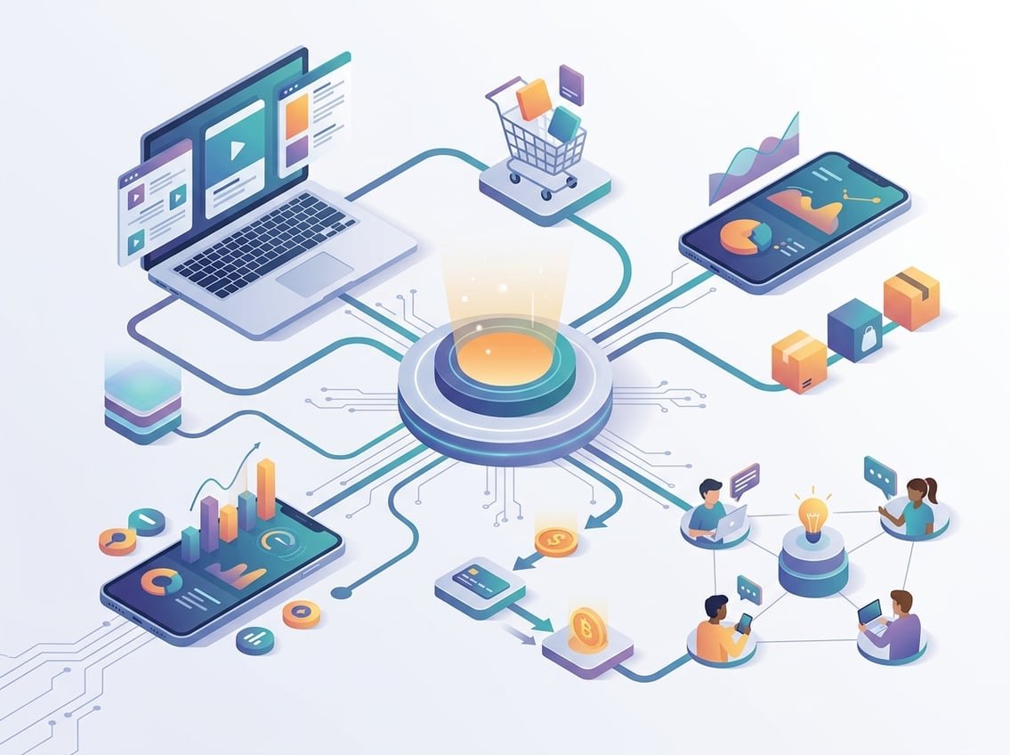 A digital learning and commerce hub connects creators, customers, products, and analytics through a network of glowing links.
