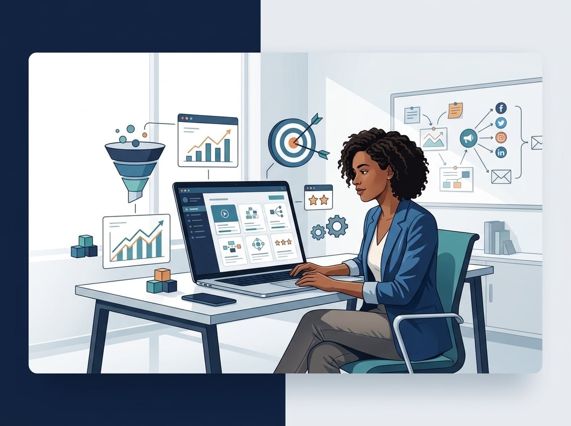 A professional learner explores a digital marketing training course with analytics charts, strategy diagrams, and campaign planning tools.