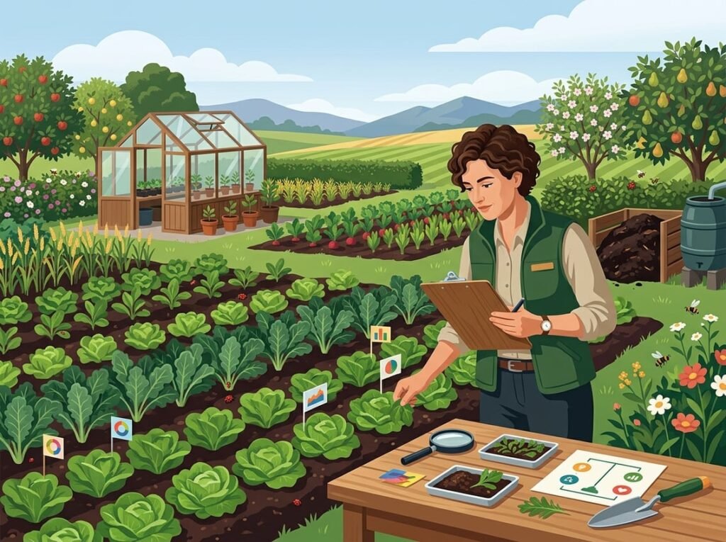A specialist evaluates healthy crops on a sustainable farm.