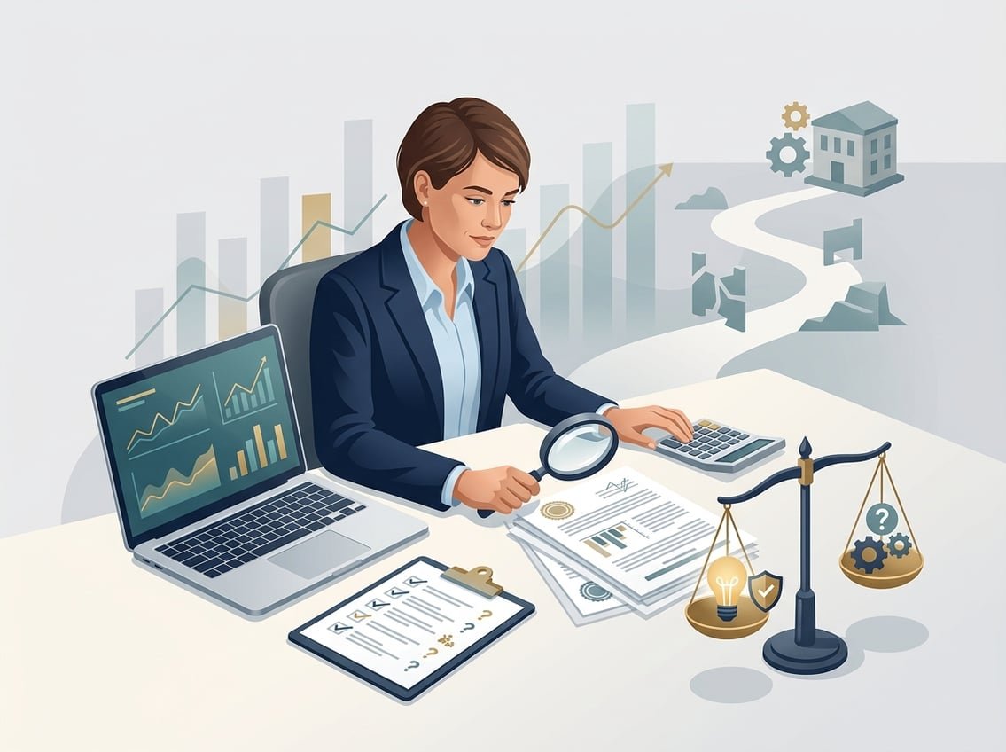 A person evaluates an online business opportunity using charts, documents, a calculator, and balanced scales.