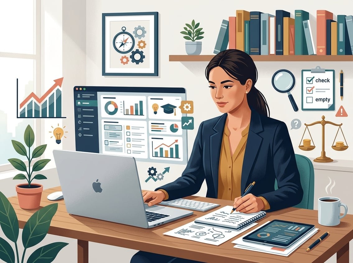 A reviewer evaluates an online entrepreneurship course on a laptop beside business charts, learning materials, and a balanced scale.
