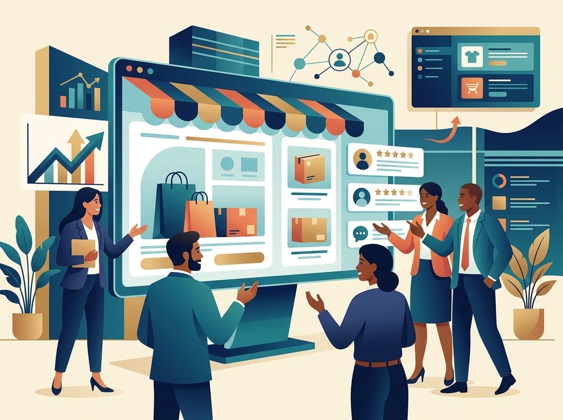 Entrepreneurs collaborate around an online storefront with shopping products, analytics, and customer feedback symbols.
