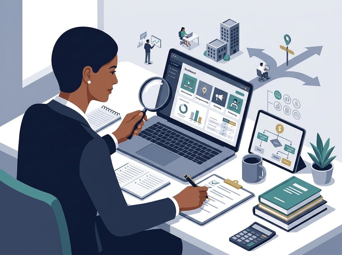 A professional reviewing an online business education platform at a desk with notes and decision-making tools.