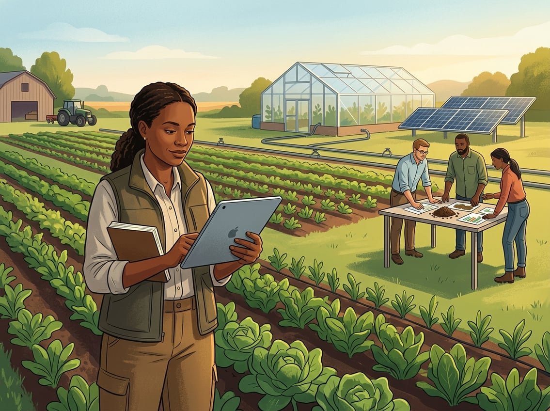 A farmer reviews crop information in a sustainable field while collaborators work nearby.
