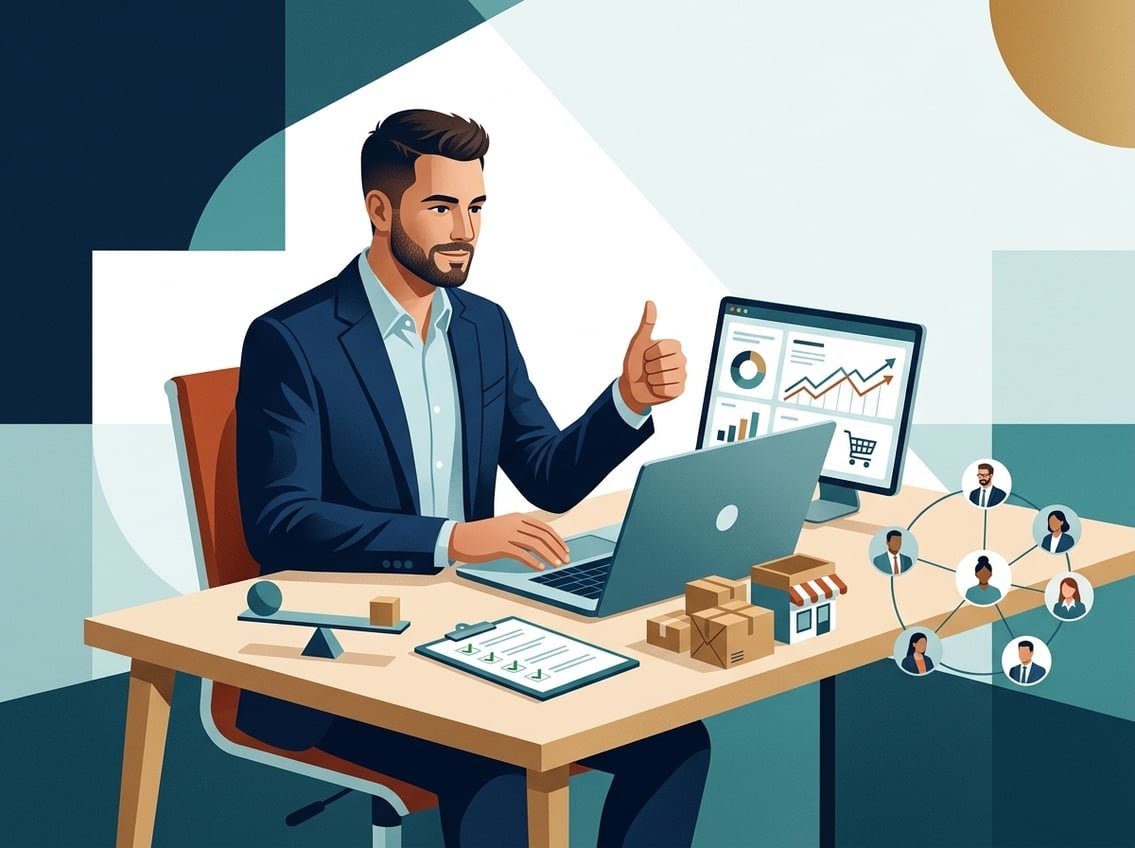 An entrepreneur reviews e-commerce analytics beside a checklist, comparison scale, and connected business community symbols.