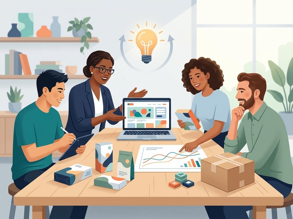 Entrepreneurs learn e-commerce strategies together around a table with a laptop, product boxes, charts, and a lightbulb.