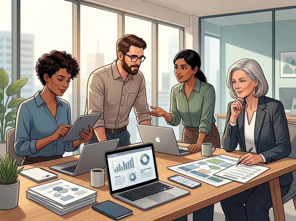 A diverse group of adults evaluates options together around a modern workspace.
