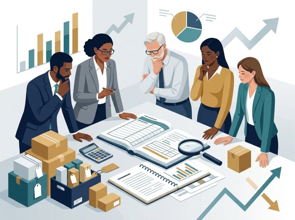 Business professionals review wholesale products, charts, and financial materials at a modern workspace.