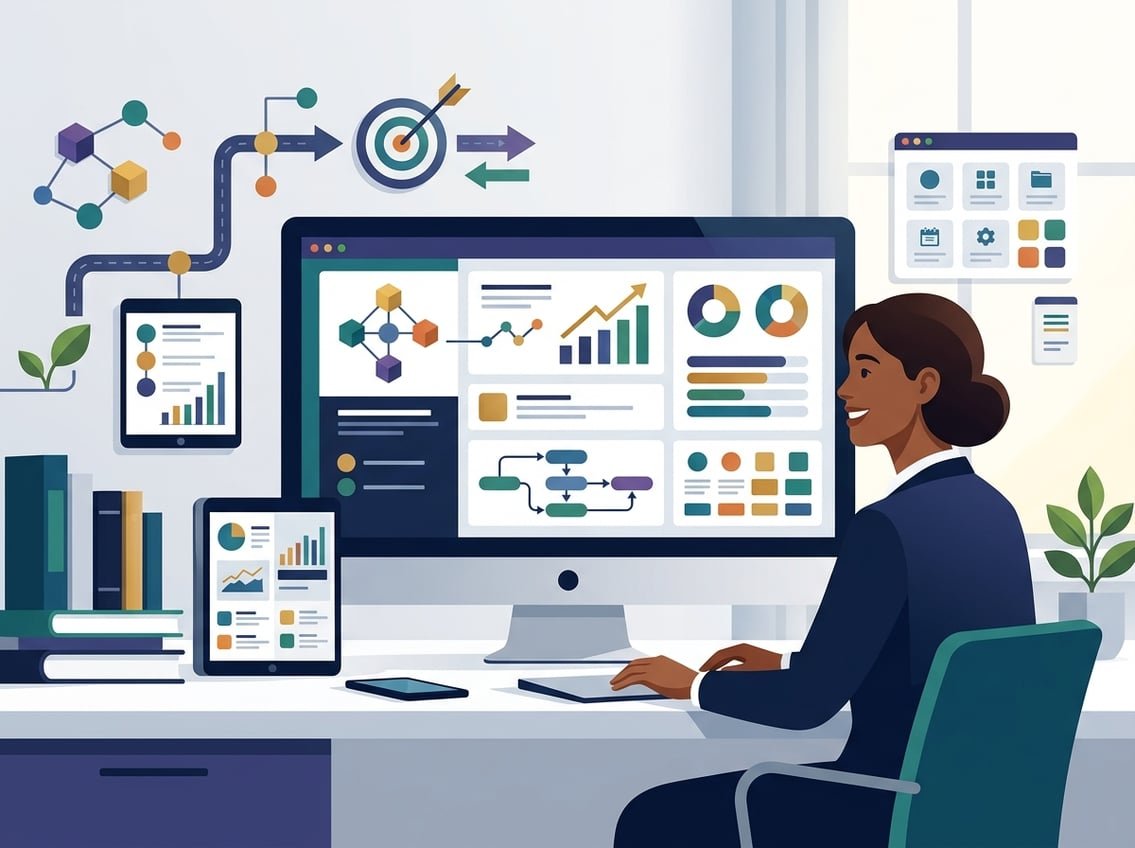 A professional learner explores an online platform with course modules, strategy diagrams, and progress indicators in a modern workspace.