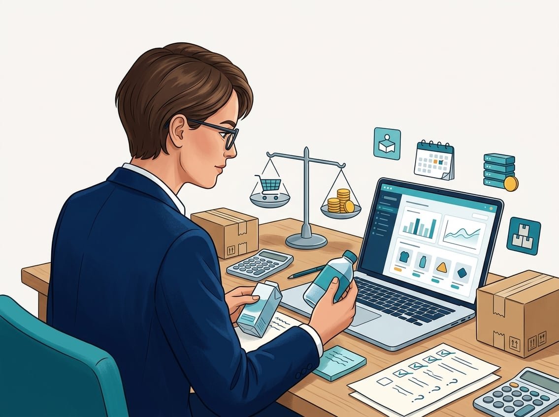 A business professional evaluates wholesale products and e-commerce information beside shipping boxes, a laptop, and a balanced decision scale.