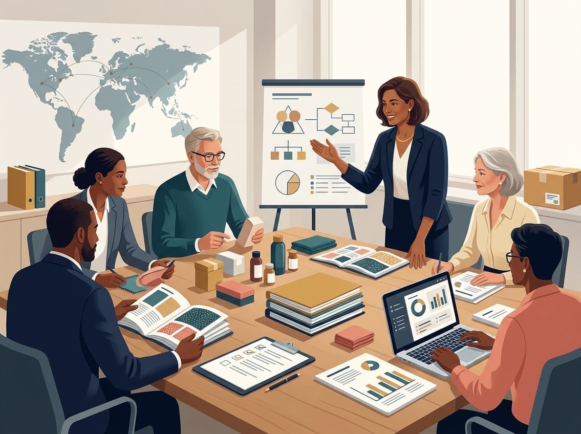 Business educators and entrepreneurs review wholesale products, learning materials, and supply chain information around a table.