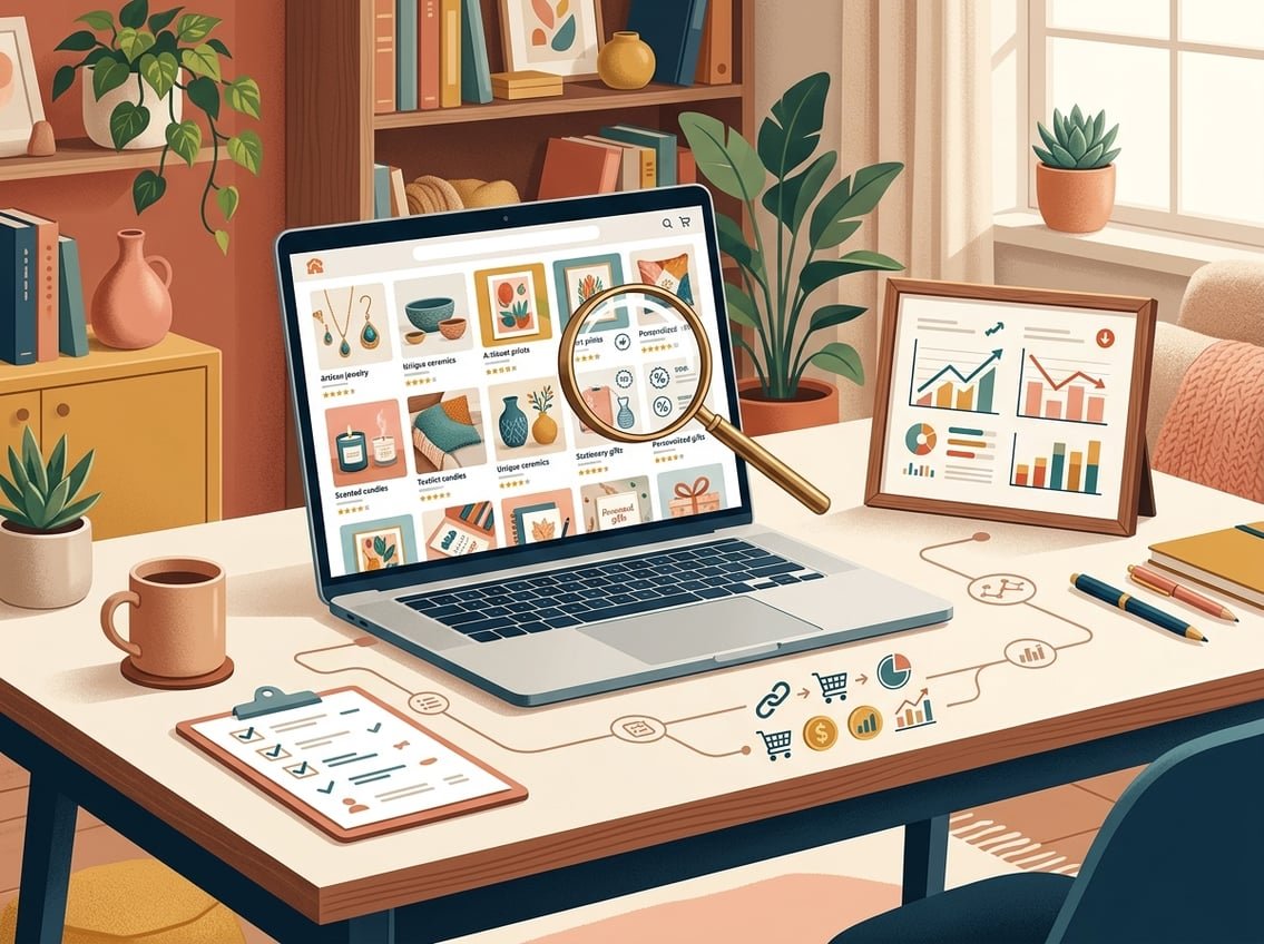 A laptop showing handmade products beside a magnifying glass, analytics chart, and affiliate connection icons.