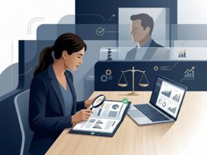 A professional reviewer examines a report in a modern workspace with analytical symbols nearby.