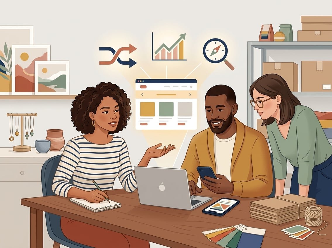 Creators and small business owners evaluate an online marketplace affiliate opportunity beside handmade products and digital devices.