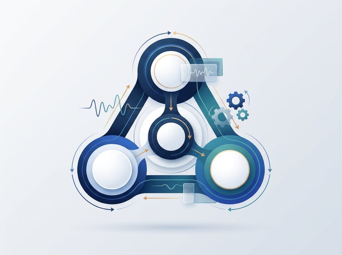 Three interconnected systems converge into a single synchronized network.