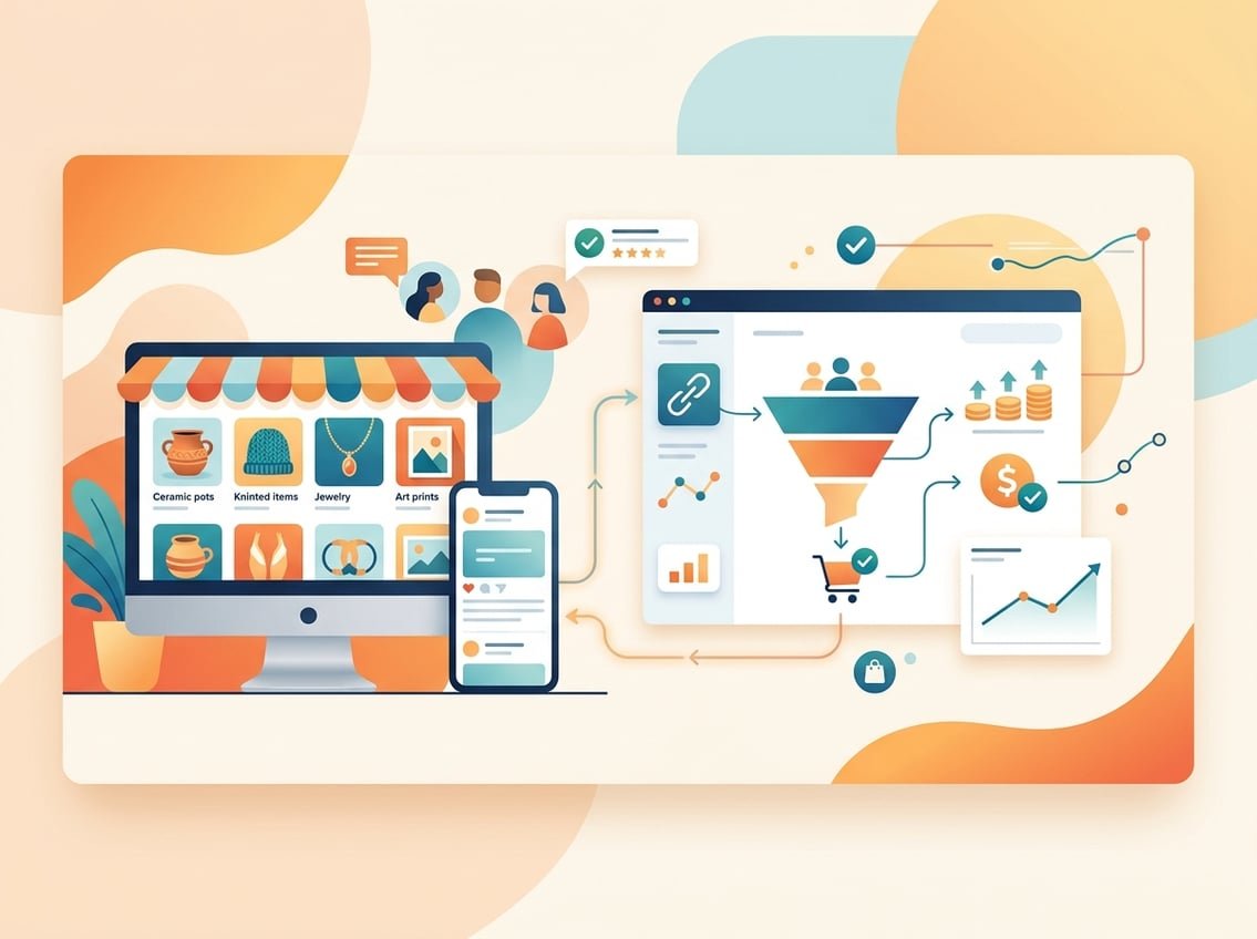 Devices and analytics symbols illustrate affiliate clicks, tracked purchases, and commission payments in an online handmade marketplace.