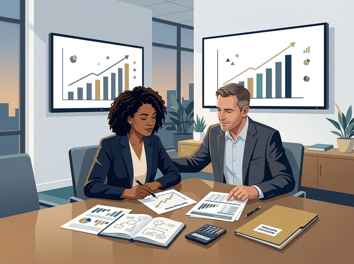 A financial mentor and adult learner review investment charts and planning materials in a modern advisory setting.