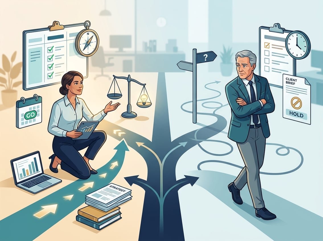 A marketer evaluates a forked path, with one route suggesting a course may be a good fit and the other suggesting it may not be suitable.