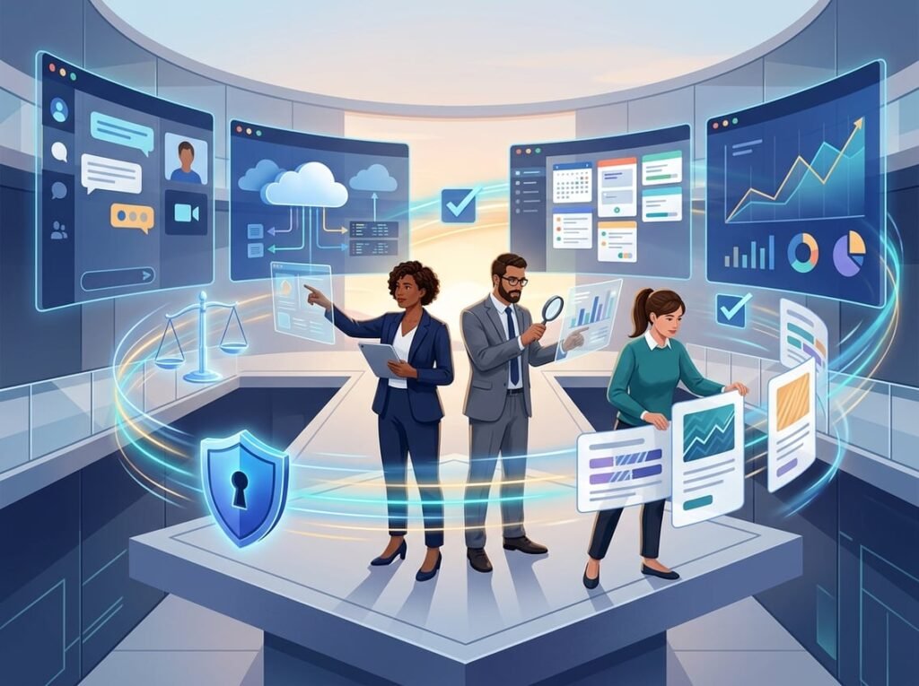 A team evaluates a connected digital service ecosystem using comparison tools, security symbols, and performance indicators.