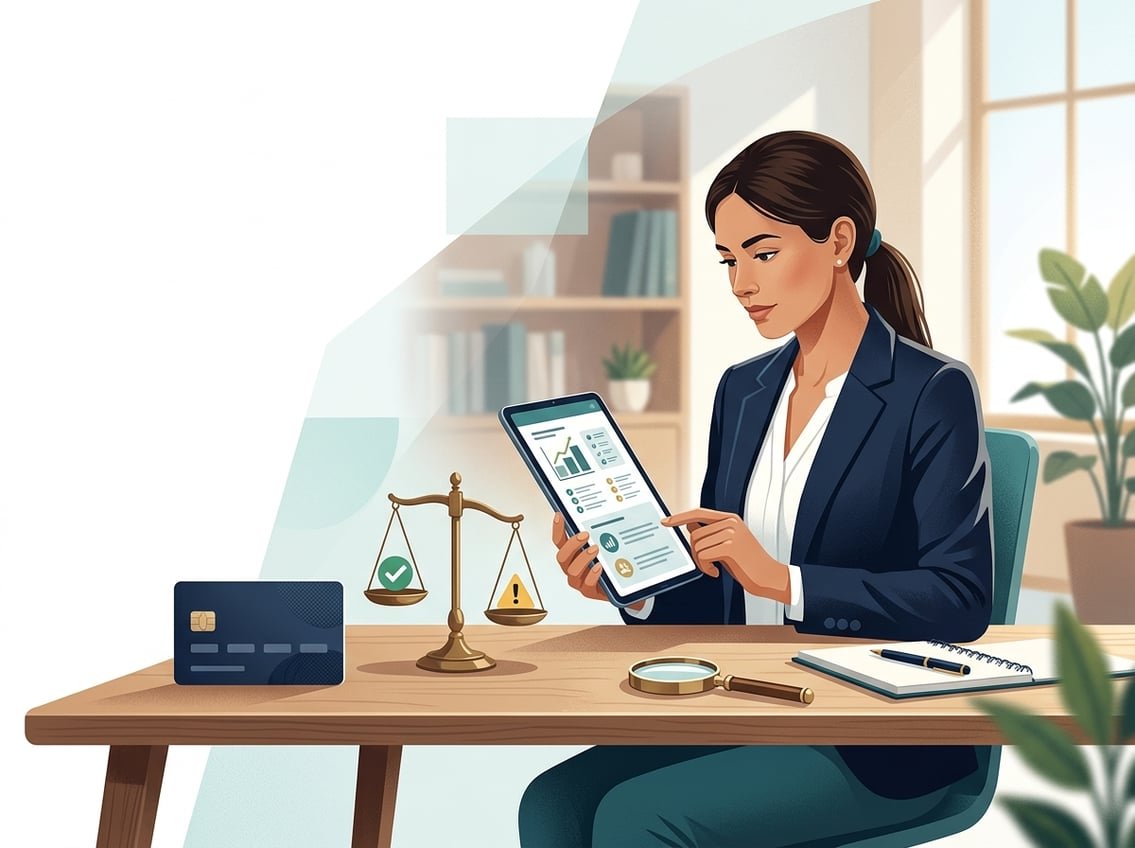 A prospective member compares membership benefits and considerations at a desk beside a balanced scale and evaluation symbols.