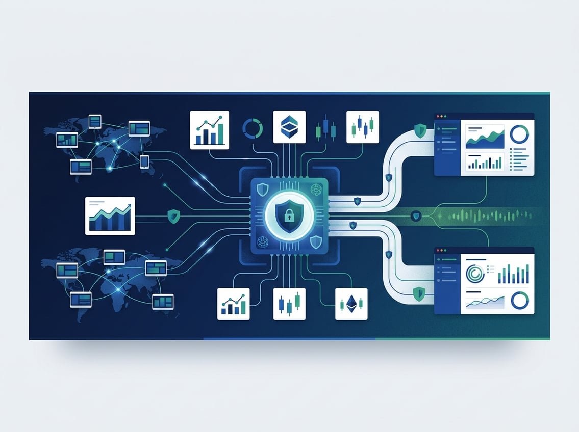 An abstract automated trading network connects a central digital system with market charts, financial nodes, and security elements.