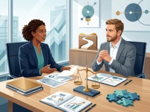 Two business professionals discuss a potential partnership at a table with symbols of collaboration and evaluation around them.