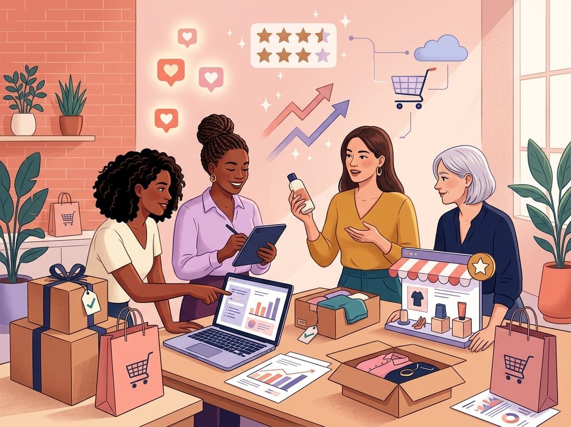 A diverse group of women collaborate in a bright workspace with laptops, packages, product samples, and rising business charts.