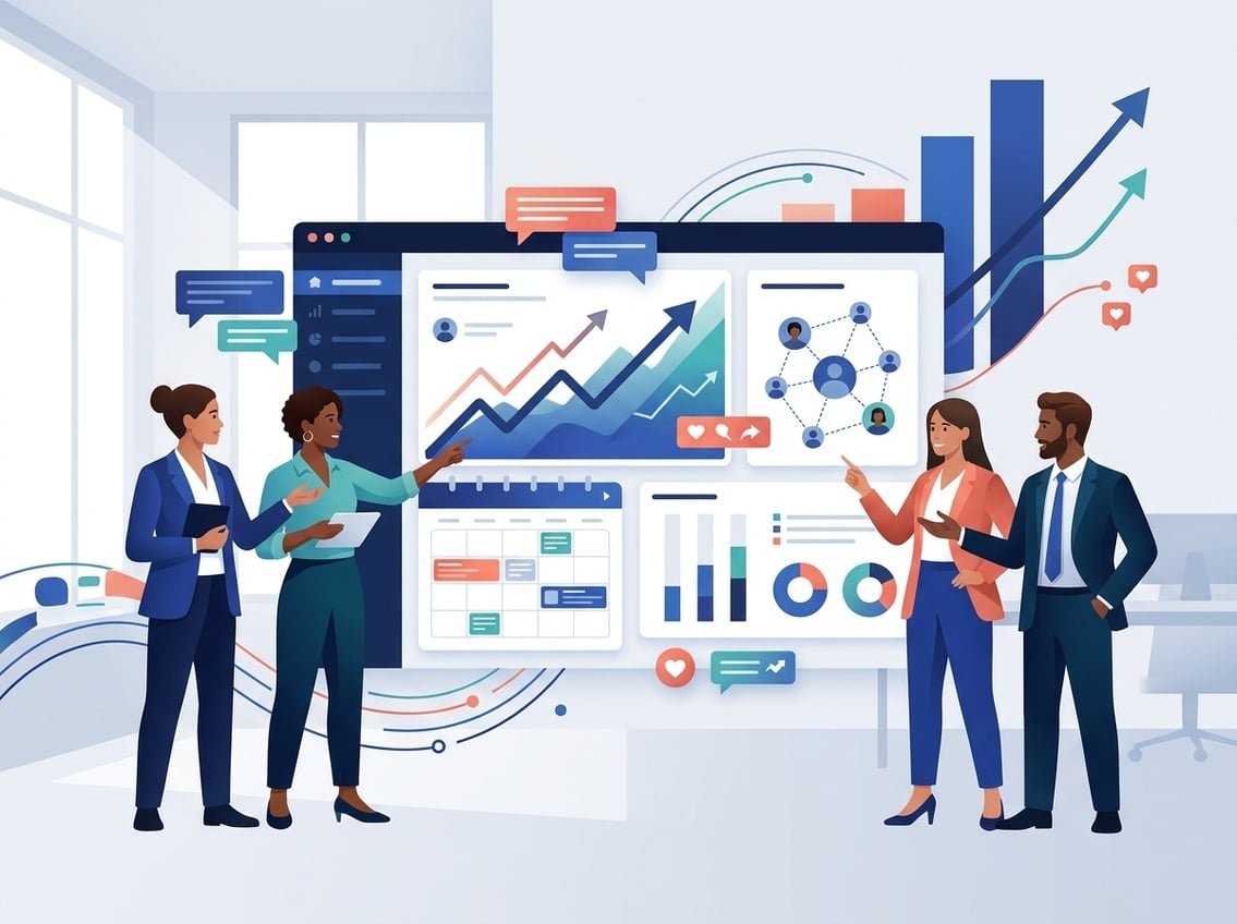 Professionals collaborate around a digital dashboard showing social media connections, engagement, and upward growth.