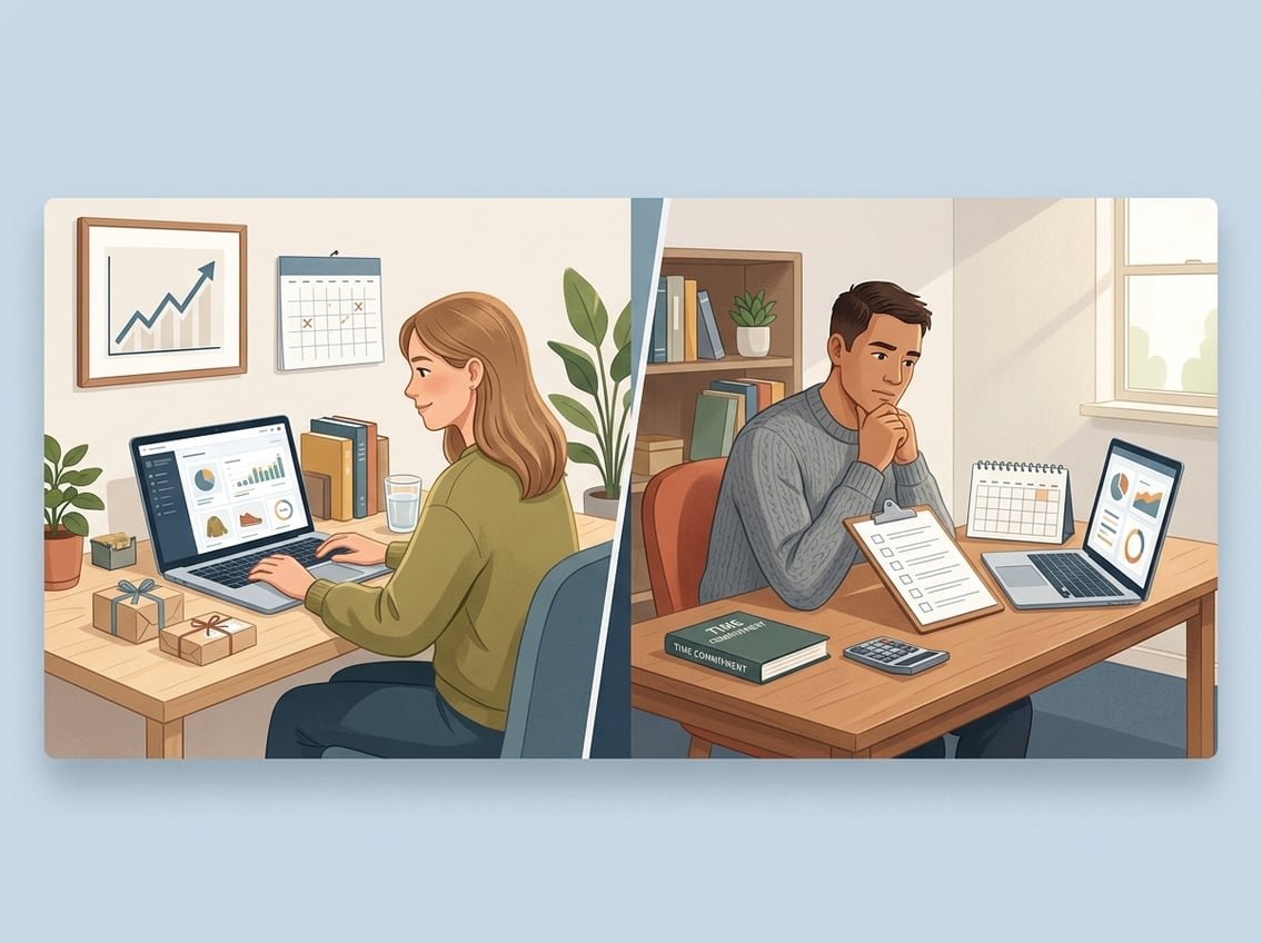 Two people evaluate an ecommerce opportunity, with one viewing positive growth indicators and the other considering potential drawbacks.