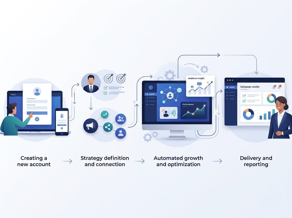 A business user moves through a visual journey from account signup and social media setup to automated growth analytics and completed campaign delivery.