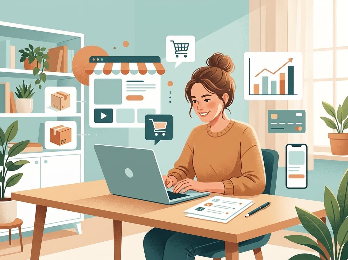 A woman studies ecommerce on a laptop in a modern home office surrounded by online business symbols.