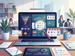 A modern workspace with a laptop showing abstract marketing dashboards, sales funnels, analytics, and online business tools under a magnifying glass.