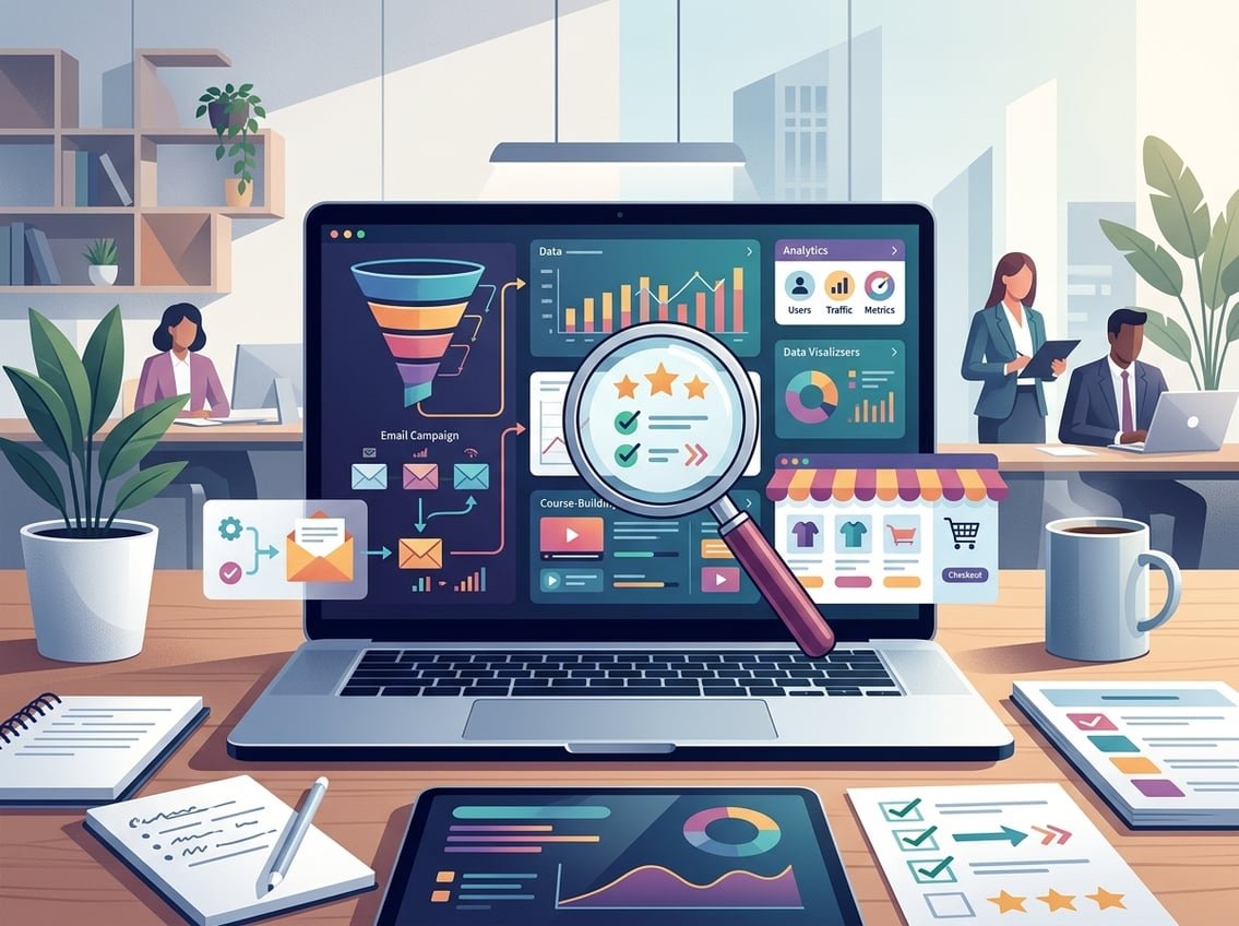 A modern workspace with a laptop showing abstract marketing dashboards, sales funnels, analytics, and online business tools under a magnifying glass.