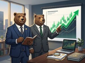 Two professional bears review an upward-trending stock chart in a modern office.