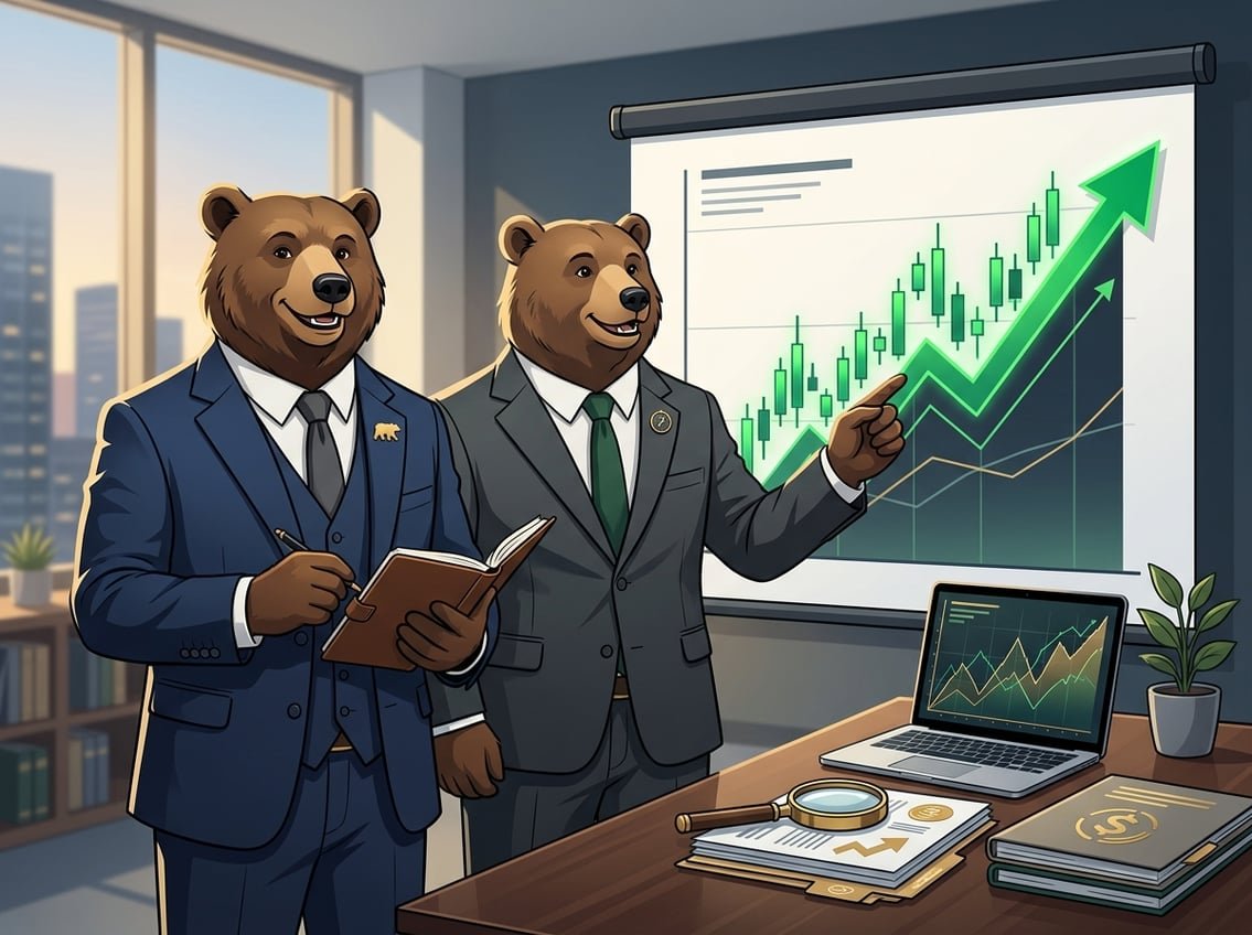 Two professional bears review an upward-trending stock chart in a modern office.