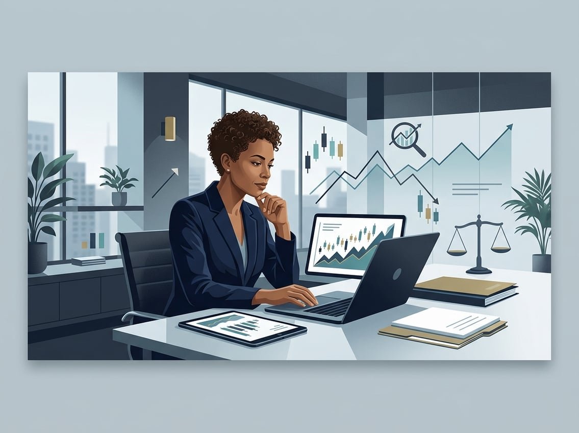 An investor reviews market charts at a modern workspace with analytical tools nearby.