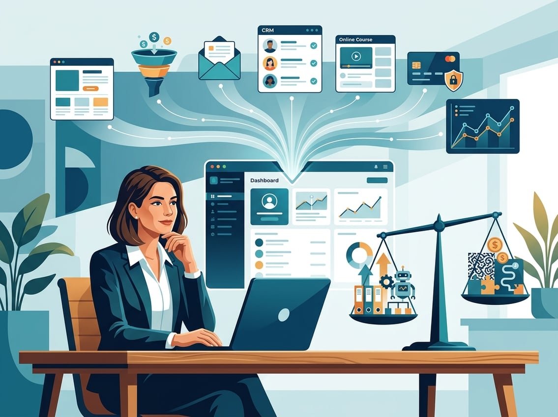 A business owner evaluates connected online business tools on a unified digital platform.