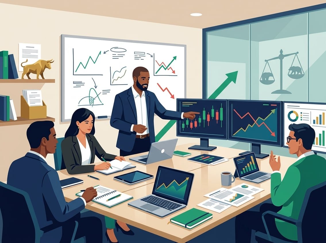 Traders learn and collaborate around market charts in a modern educational workspace.