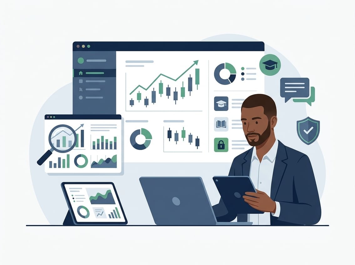 A person reviews abstract financial charts and learning tools on digital devices in a modern trading workspace.