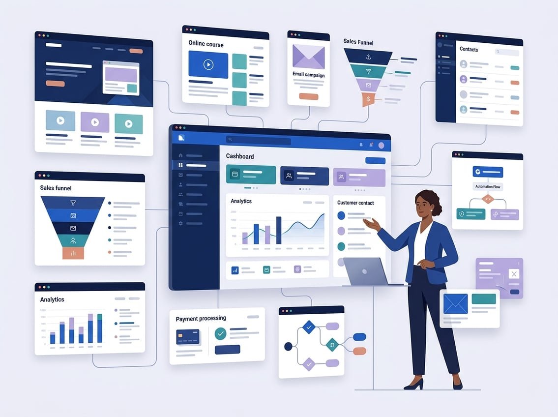 A business owner manages websites, courses, marketing, payments, and analytics from one central dashboard.