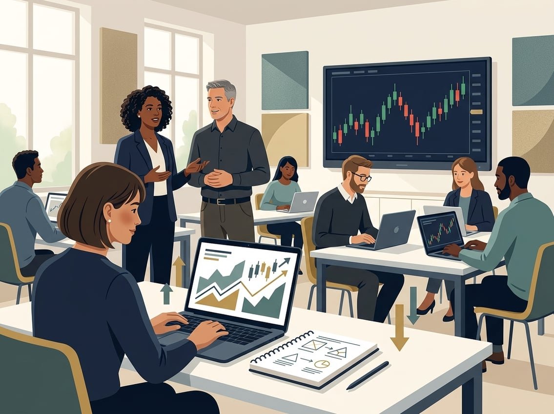 An adult learner studies market charts with an instructor in a modern financial education setting.